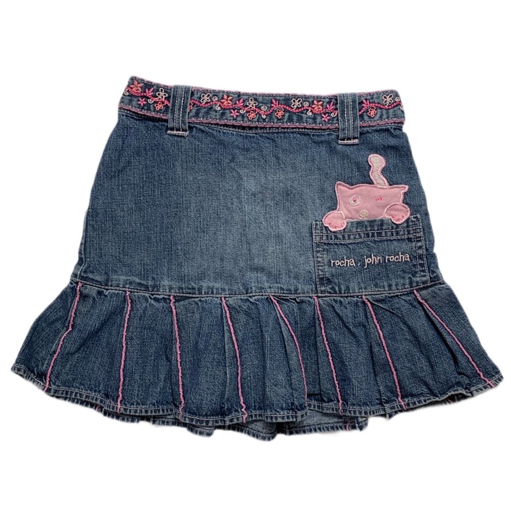 Girls Rocha John Rocha Y2K Pink Cat Embroidery Denim Pleated Skirt